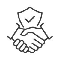 Handshake and shield line icon. International agreement concept with check mark. World partnership linear symbol. Vector isolated on white.